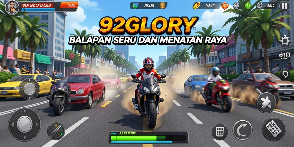 Screenshot gameplay dari 92GLORY menampilkan balapan seru di lintasan.