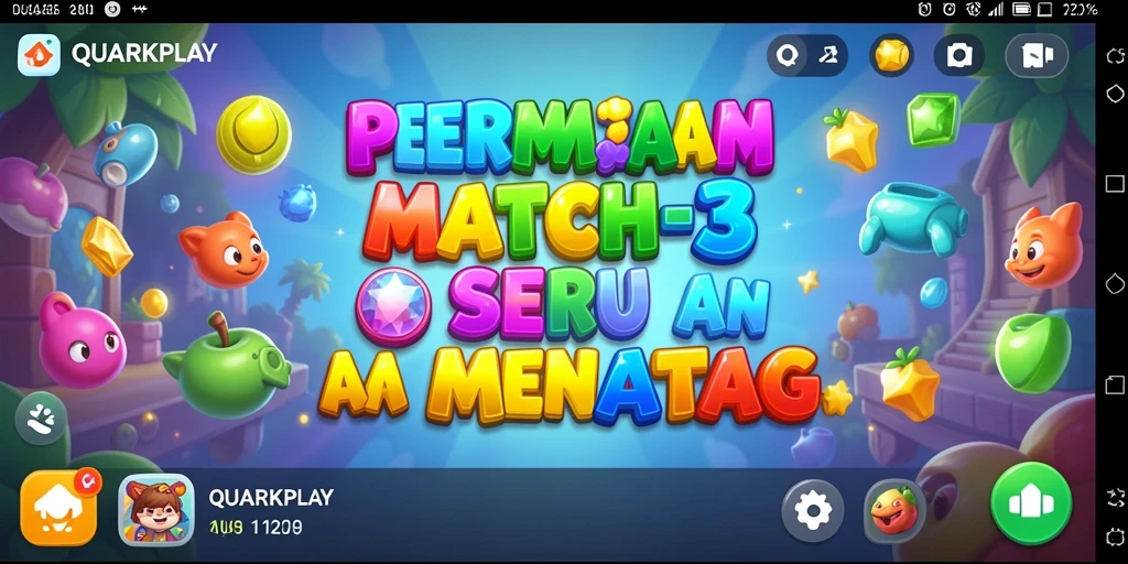 Screenshot gameplay QUARKPLAY menampilkan tantangan mencocokkan item Match-3.