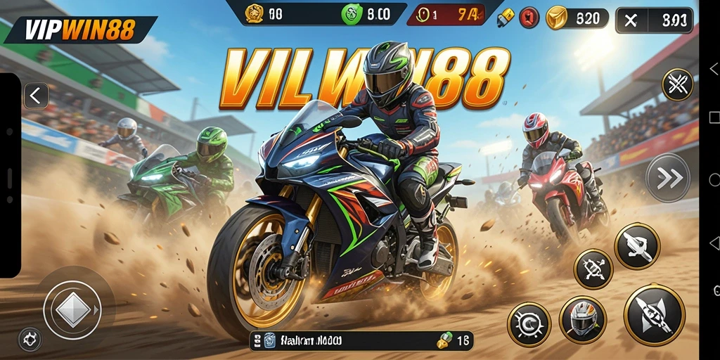 Tampilan layar permainan <strong>VIPWIN88</strong> saat balapan motor penuh aksi.